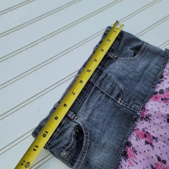 VTG CANDIES Girls Denim Jean Pink Polka Floral Satin Tiered Modest Skirt Size 5 - Picture 7 of 8